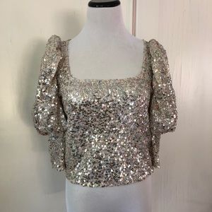 Zara Balloon puff sleeve silver scoop neck top